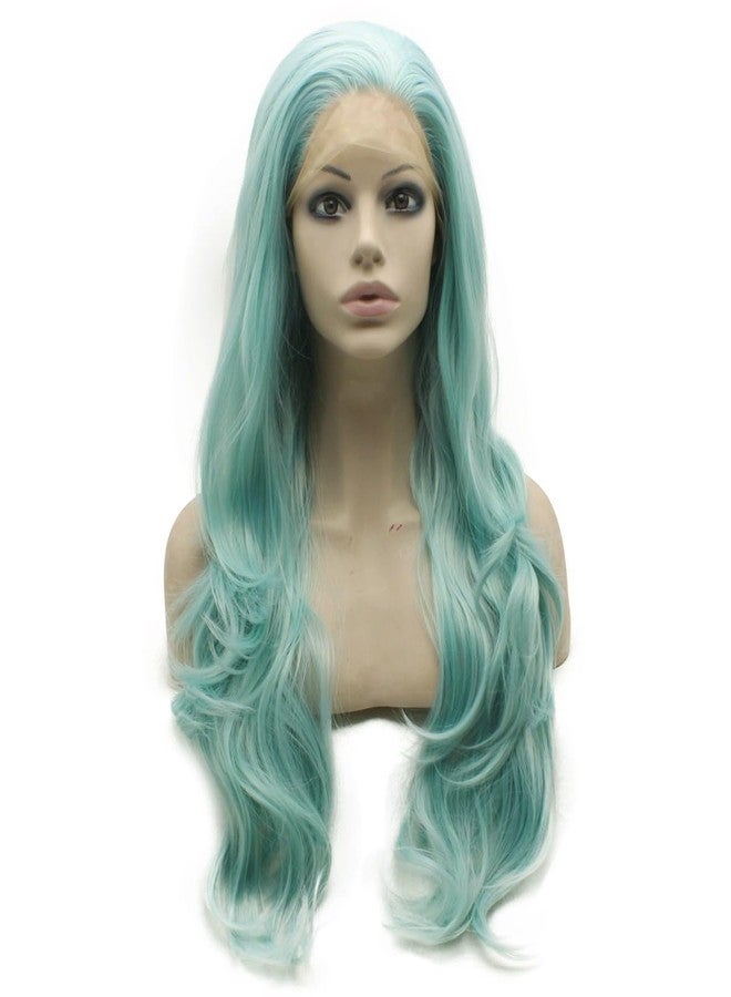 MX angel Mxangle Long Wavy Light Blue Half Hand Tied Synthetic Lace Front Wig Fiber Hair Costume Party Wig - Image 1