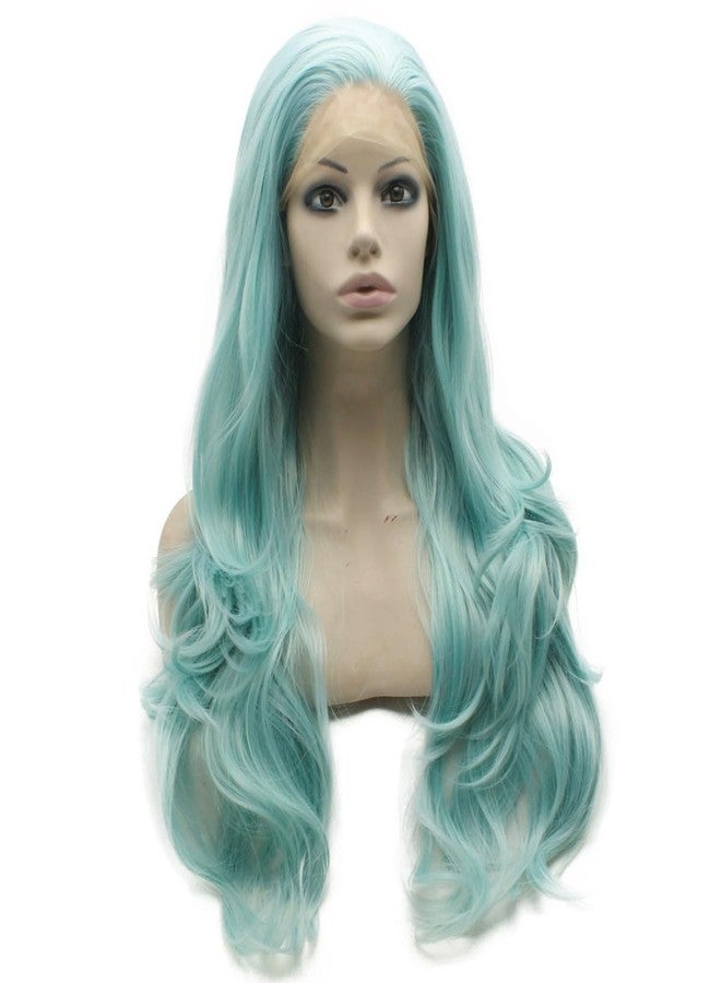 MX angel Mxangle Long Wavy Light Blue Half Hand Tied Synthetic Lace Front Wig Fiber Hair Costume Party Wig - Image 2