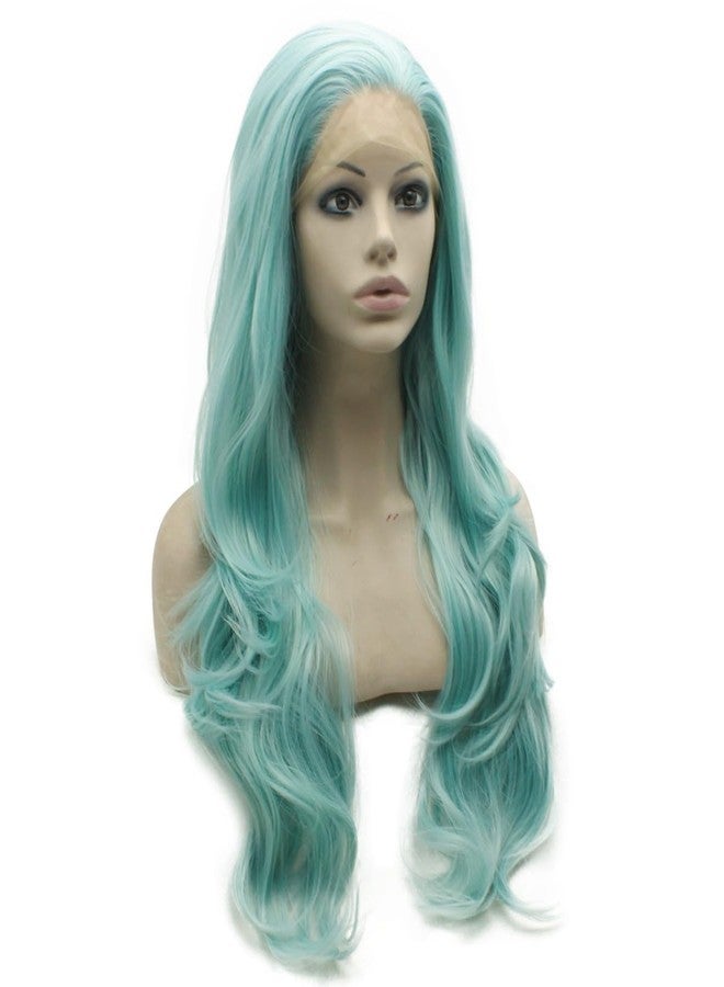 MX angel Mxangle Long Wavy Light Blue Half Hand Tied Synthetic Lace Front Wig Fiber Hair Costume Party Wig - Image 4