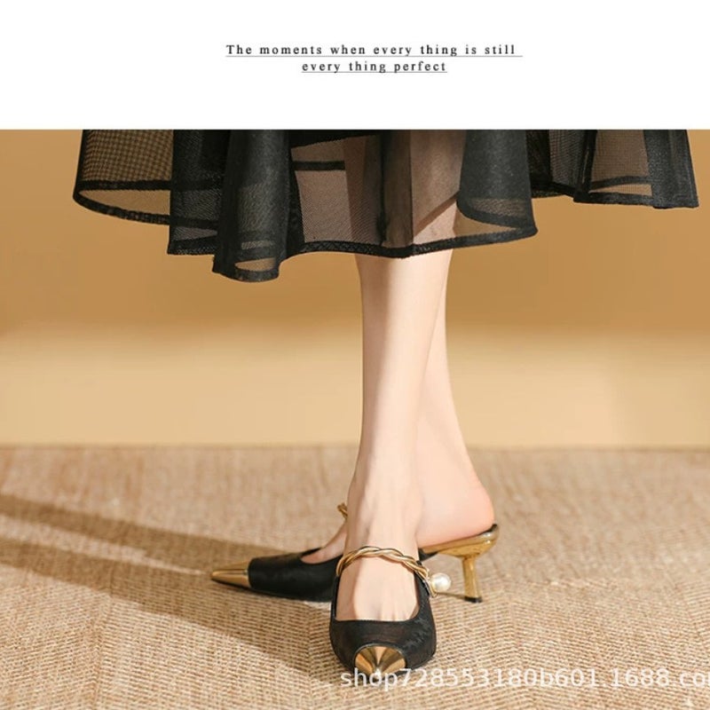 2026 New Chinese-Style Trendy Pointed-Toe Thin-Heeled Women''s High-Heeled Sandals with Color-Blocking, Fashionable Pearls, Versatile and Elegant Satin - Image 3