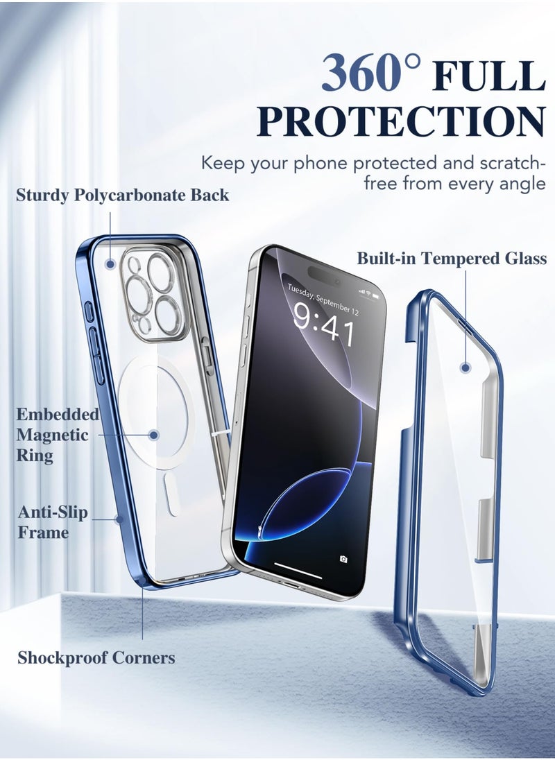 BERFY Magnetic for iPhone 16 Pro Max Case 6.9" [Compatible with Magsafe] Built-in 9H Tempered Glass Screen Protector & Upgraded Camera Protection Full-Body Plating Phone Case for 16 ProMax Blue  - Image 3