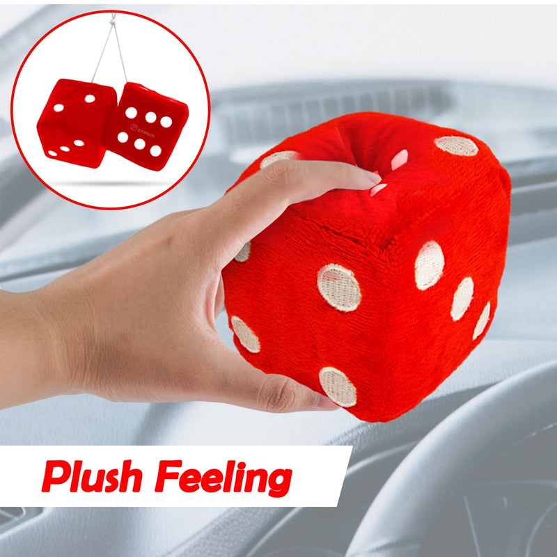 ZONETECH Pair Red with White Dots Decorative Mirror Fuzzy Dice - 3â€ Red Plush Car Mirror Fuzzy Dice Pair - Image 4
