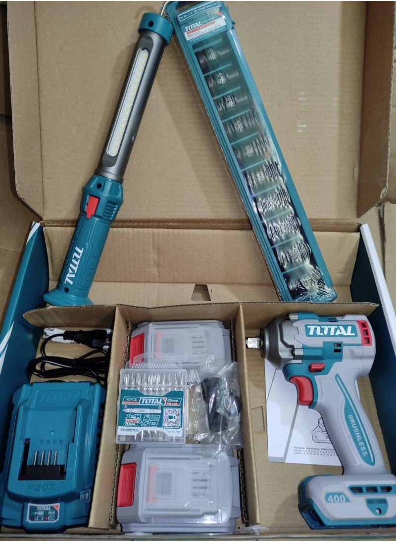 TOTAL - combo kit 20-volt impact wrench with 2 batteries and a  charger ,socket set ,work lamp ,screwdriver bits - Image 1
