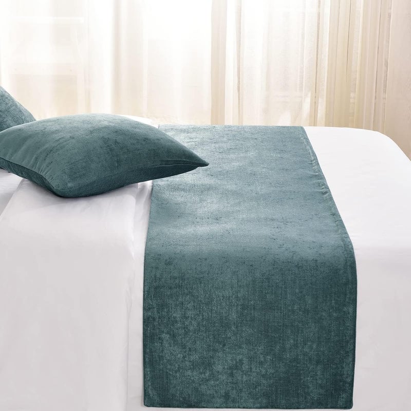AMBERIS Bed Runner Blue, Chenille Soft No Fading Modern Bed Scarf - Image 2