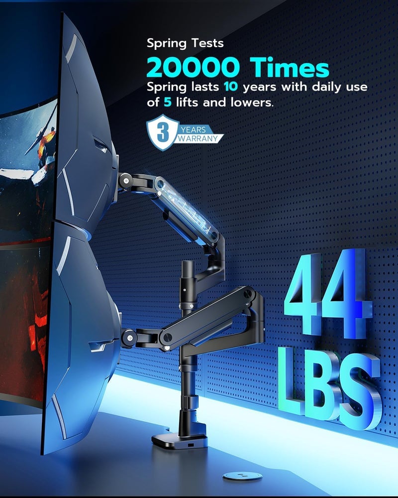 ARES WING ذراع مزدوج للشاشة ARES WING لشاشات منحنية ثقيلة الوزن، يناسب 17-49 بوصة، حامل مزدوج للشاشة بنابض غازي عمودي مع USB، قاعدة قابلة للتعديل للشاشتين على المكتب، أسود - Image 5