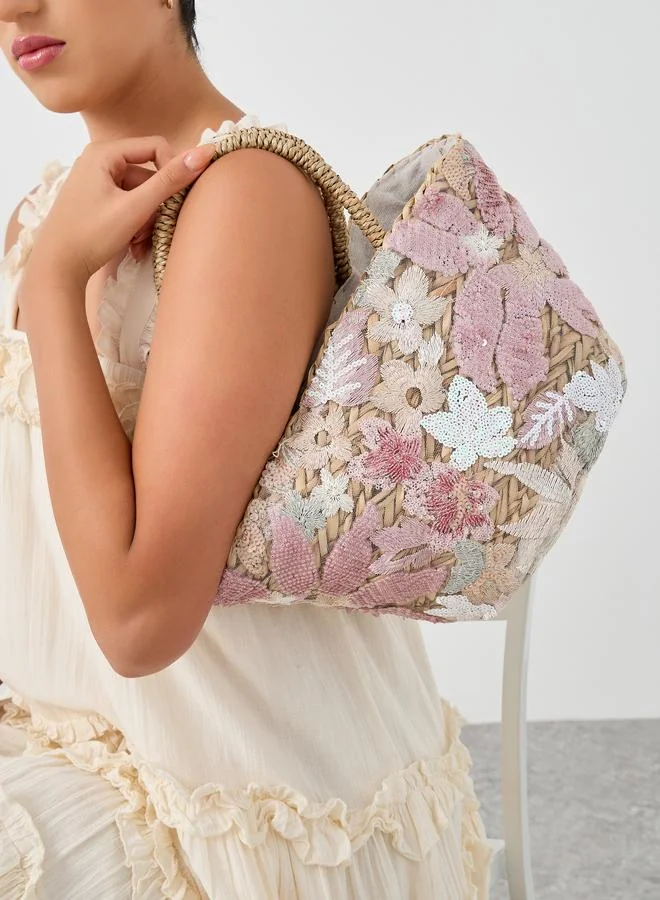 ستايلي Floral Applique Raffia Beach Handbag
