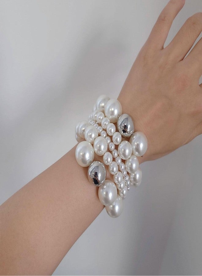 Decixde Pearl Bracelet for Women White Pearl Layered Bracelet Chunky Pearl Bracelet (white pearl) - Image 2