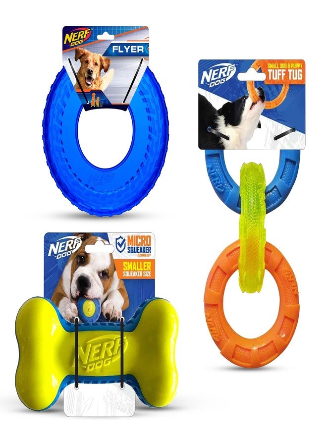 Nerf Dog Toy Gift Set, 3-Piece Set of Outdoor Dog Toys for Tug and Fetch, Includes 3-Ring Tug, Exo Squeak Bone and Tire Flyer - Image 1