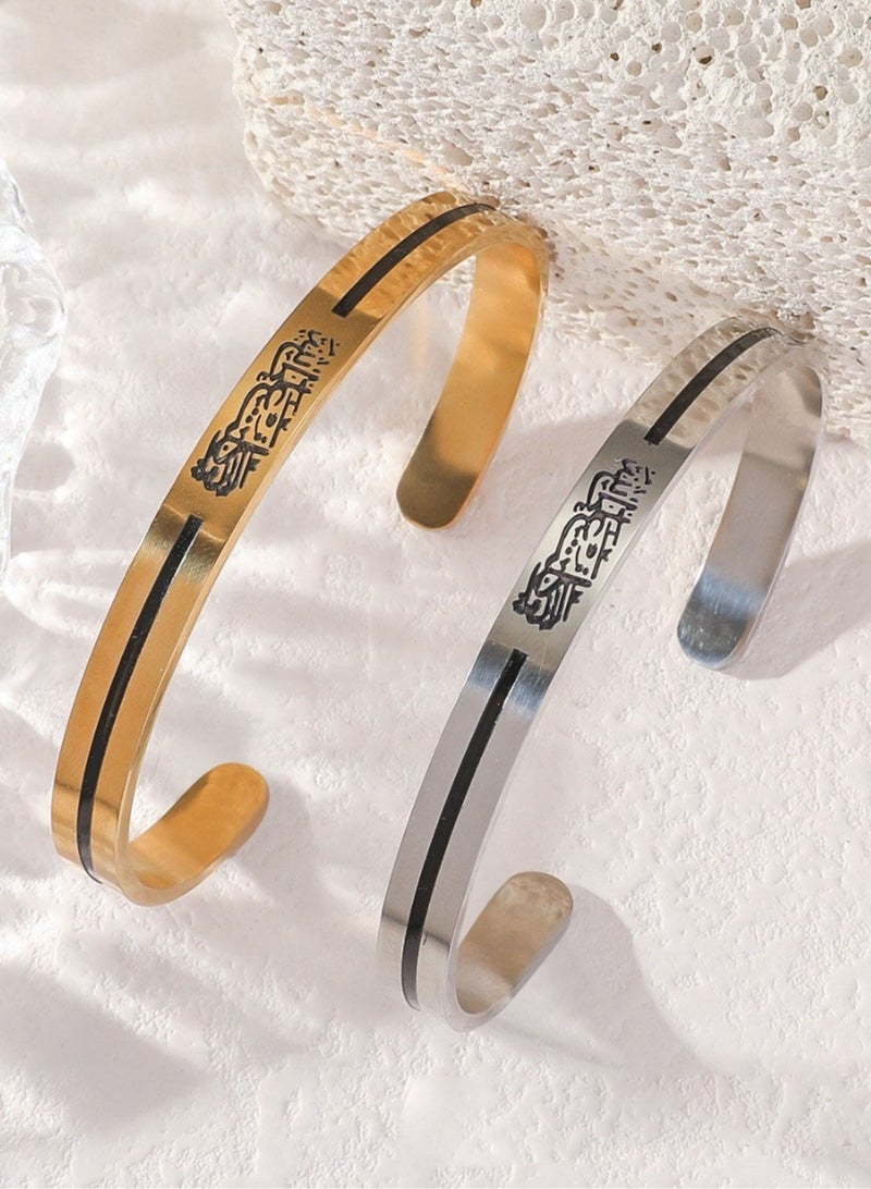 Mark Fairwhale Vintage Stainless Steel Carved C-Shaped Open Men's And Women's Bracelet  - Image 2