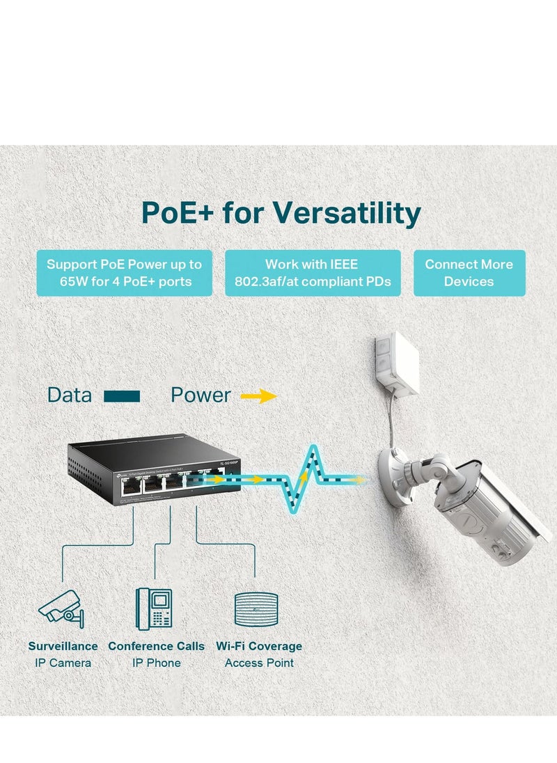 ماركة غير محددة TP-Link TL-SG1005P, 5 Port Gigabit PoE Switch, 4 PoE+ Ports @65W, Desktop, Plug & Play  - Image 2