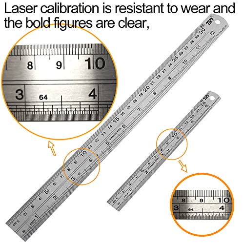 YYJ HOME Ruler 12 Inch (30 cm) and Ruler 6 inch (15 cm) Both Side Have Centimeters and inch Ruler, Stainless Steel Ruler 12 inch and Metal 6 inch Ruler, Drawing Ruler, Measuring Ruler Silver - Image 3