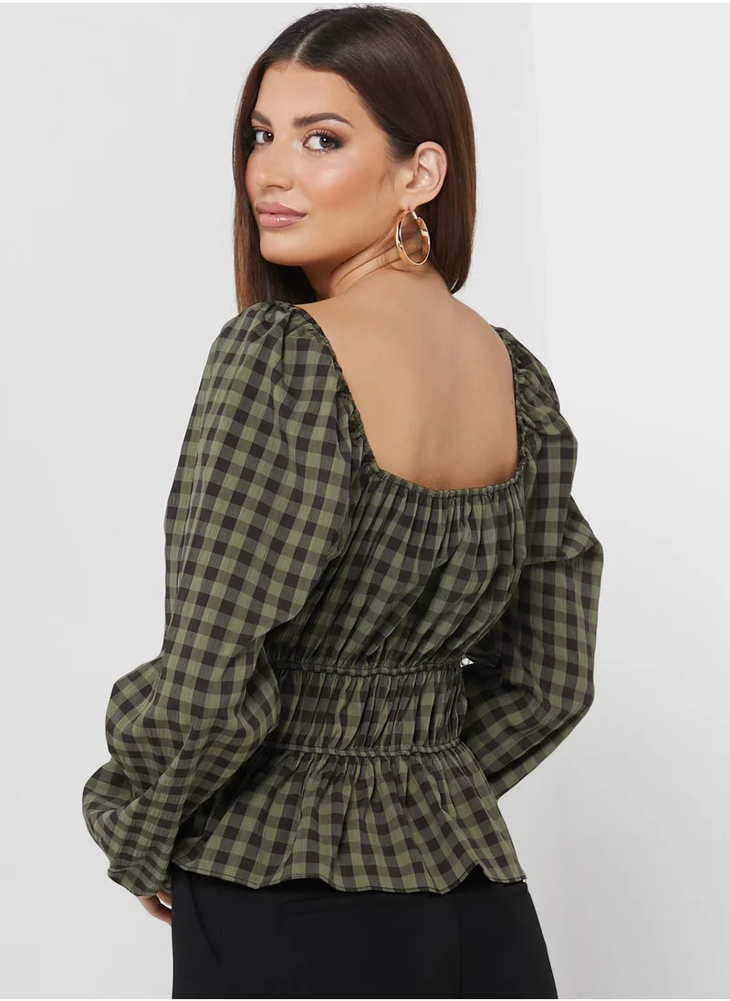 DEBENHAMS Ruched Waist Checked Top