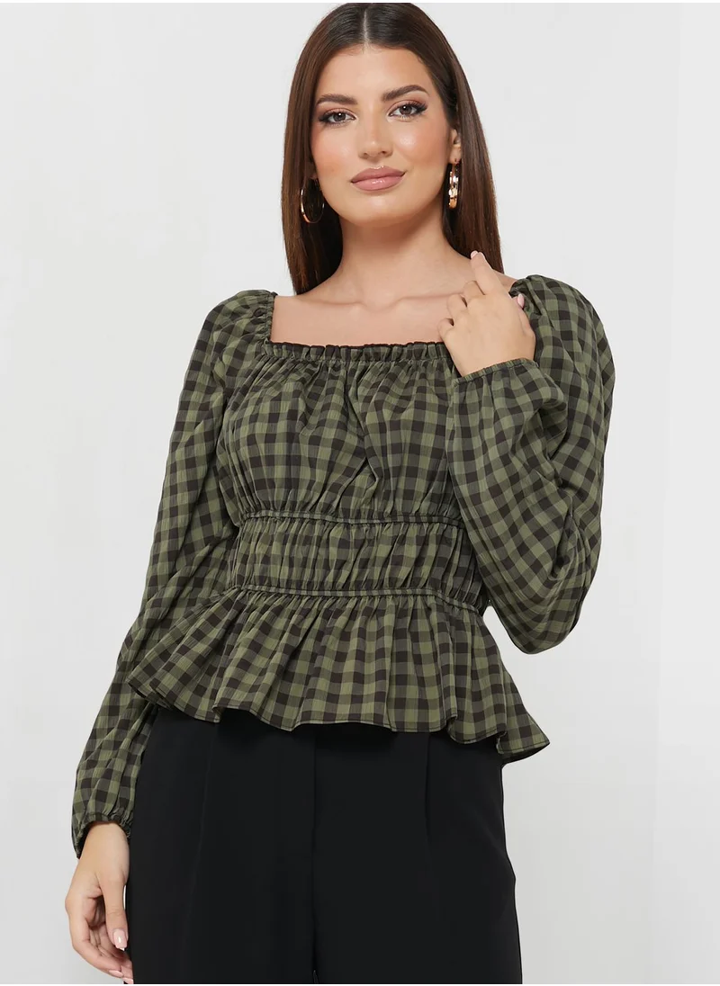 DEBENHAMS Ruched Waist Checked Top