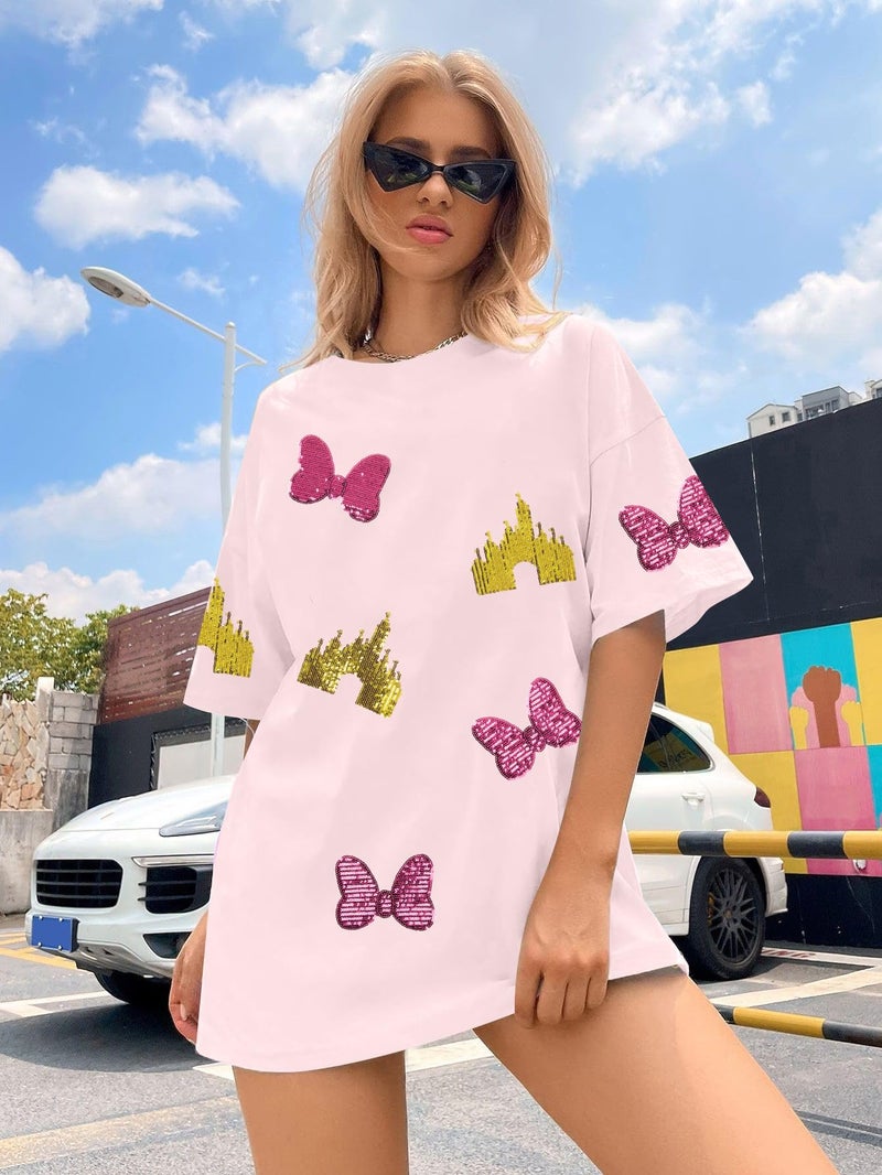 UNIQUEONE Magic Kingdom Shirts for Women Sequin Top Colorful Castle Graphic Tshirt Holiday Vacation Shirt Funny Cute Tee Tops - Image 3