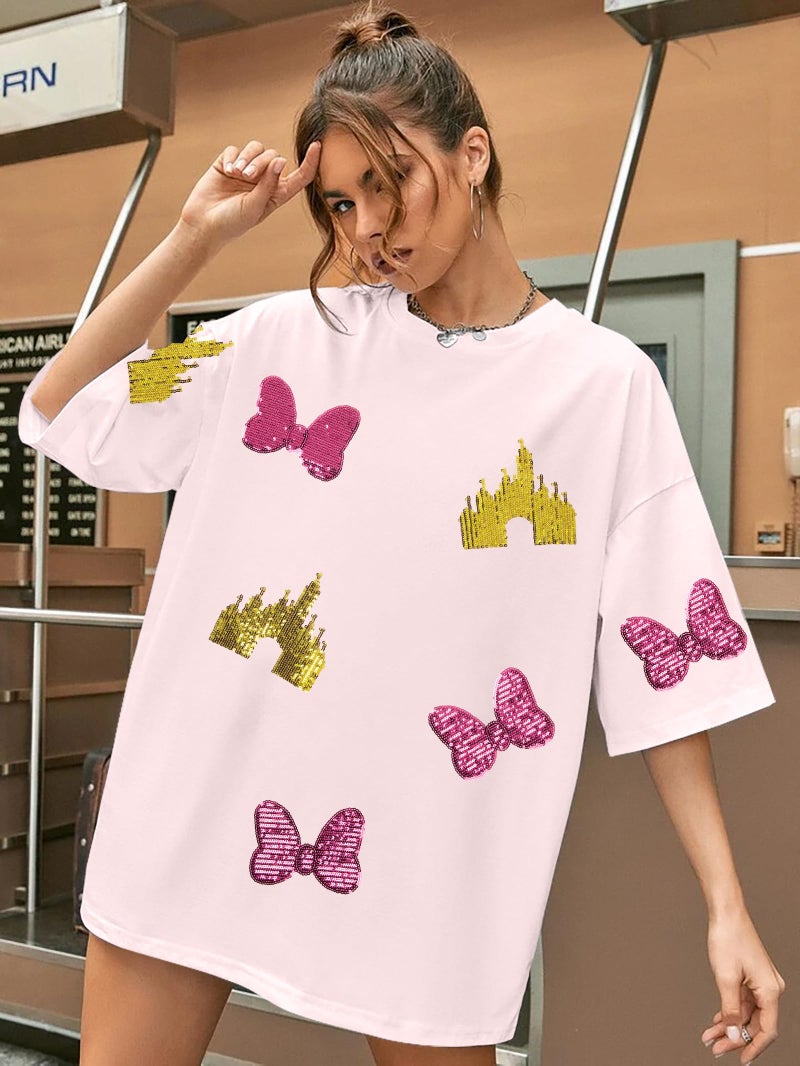 UNIQUEONE Magic Kingdom Shirts for Women Sequin Top Colorful Castle Graphic Tshirt Holiday Vacation Shirt Funny Cute Tee Tops - Image 2