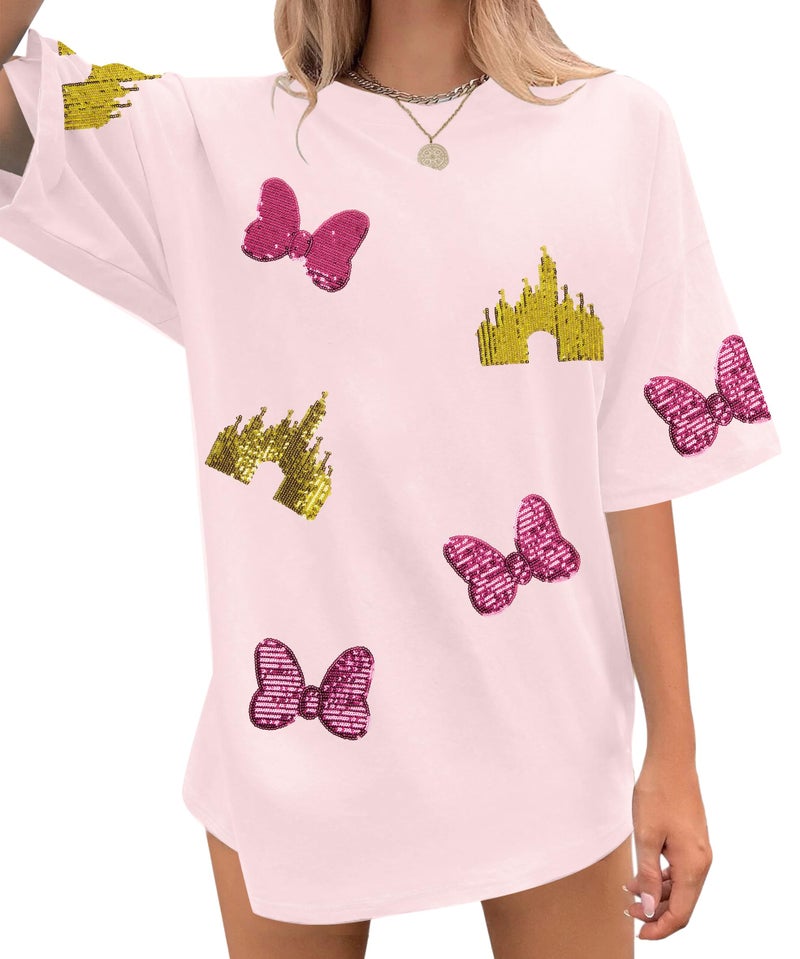 UNIQUEONE Magic Kingdom Shirts for Women Sequin Top Colorful Castle Graphic Tshirt Holiday Vacation Shirt Funny Cute Tee Tops - Image 1