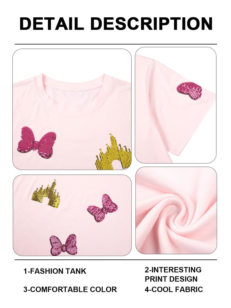 UNIQUEONE Magic Kingdom Shirts for Women Sequin Top Colorful Castle Graphic Tshirt Holiday Vacation Shirt Funny Cute Tee Tops - Image 5