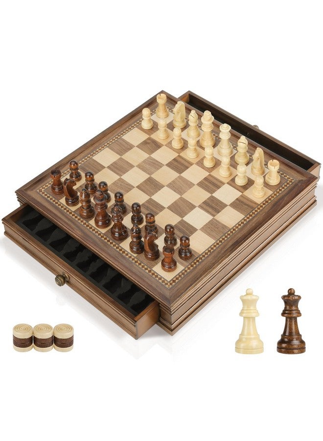 Peradix Magnetic Chess Checkers Board Sets With 2 Built-In Storage Drawers,12.8" Classic 2 In 1 Wooden Games With 2 Extra Queens For Kids And Adults,Travel Portable Chess Game Set - Image 1