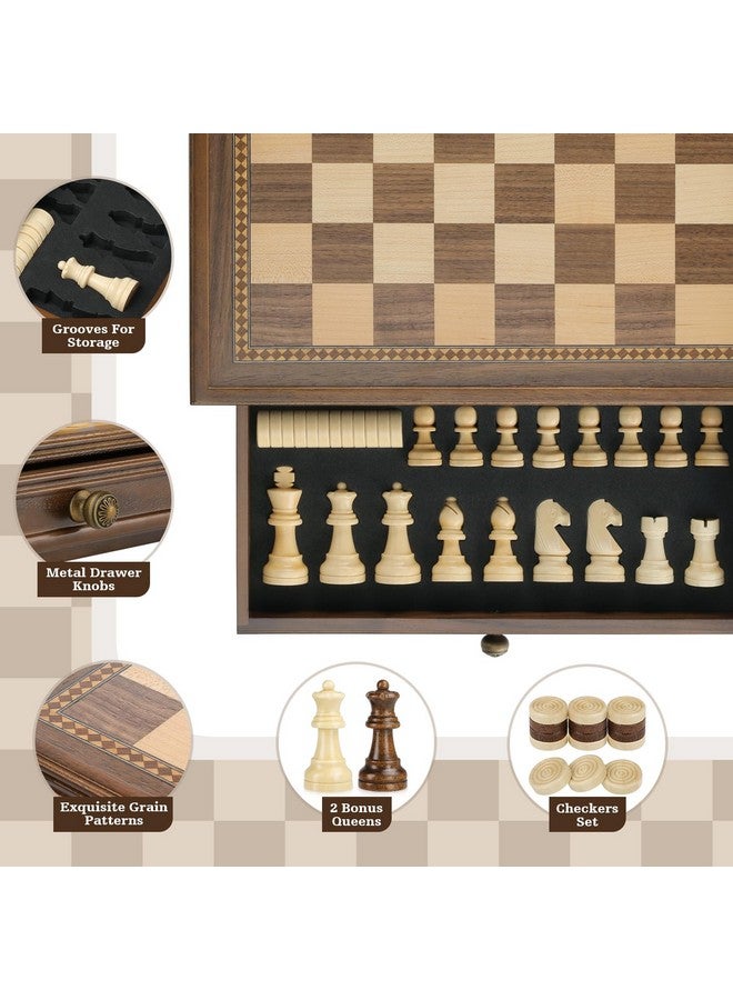 Peradix Magnetic Chess Checkers Board Sets With 2 Built-In Storage Drawers,12.8" Classic 2 In 1 Wooden Games With 2 Extra Queens For Kids And Adults,Travel Portable Chess Game Set - Image 3