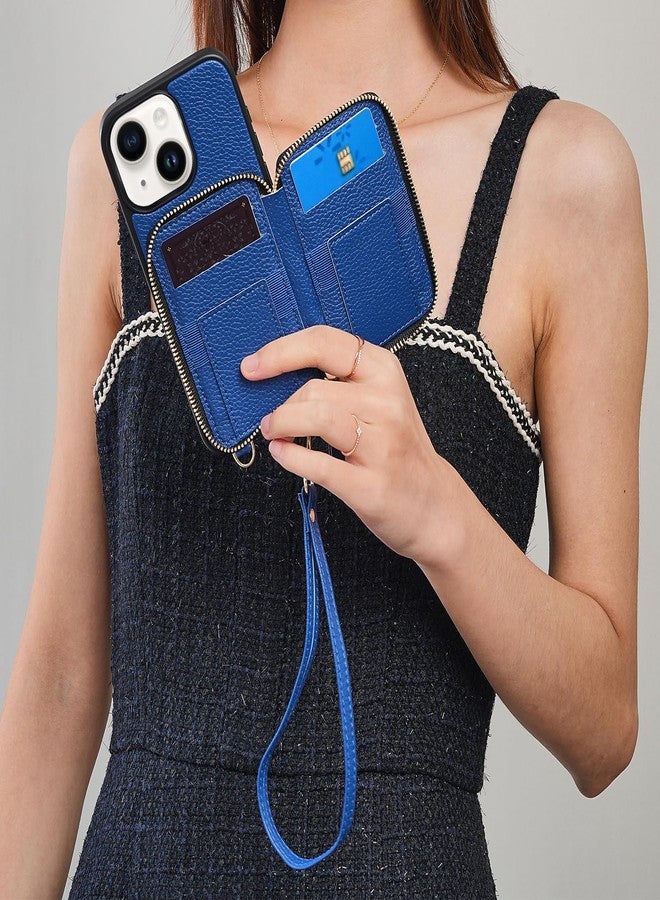 ZVE iPhone 13 Case with RFID Blocking Card Holder Hand Strap Wallet for Women Compatible with iPhone 13 (6.1 inch) Navy Blue - Image 4