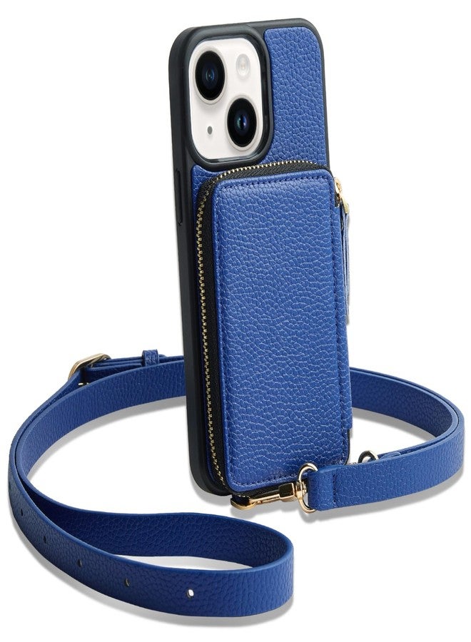 ZVE iPhone 13 Case with RFID Blocking Card Holder Hand Strap Wallet for Women Compatible with iPhone 13 (6.1 inch) Navy Blue - Image 1