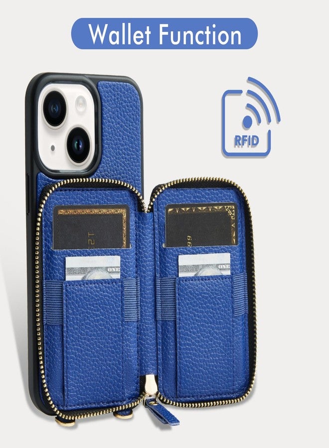 ZVE iPhone 13 Case with RFID Blocking Card Holder Hand Strap Wallet for Women Compatible with iPhone 13 (6.1 inch) Navy Blue - Image 2