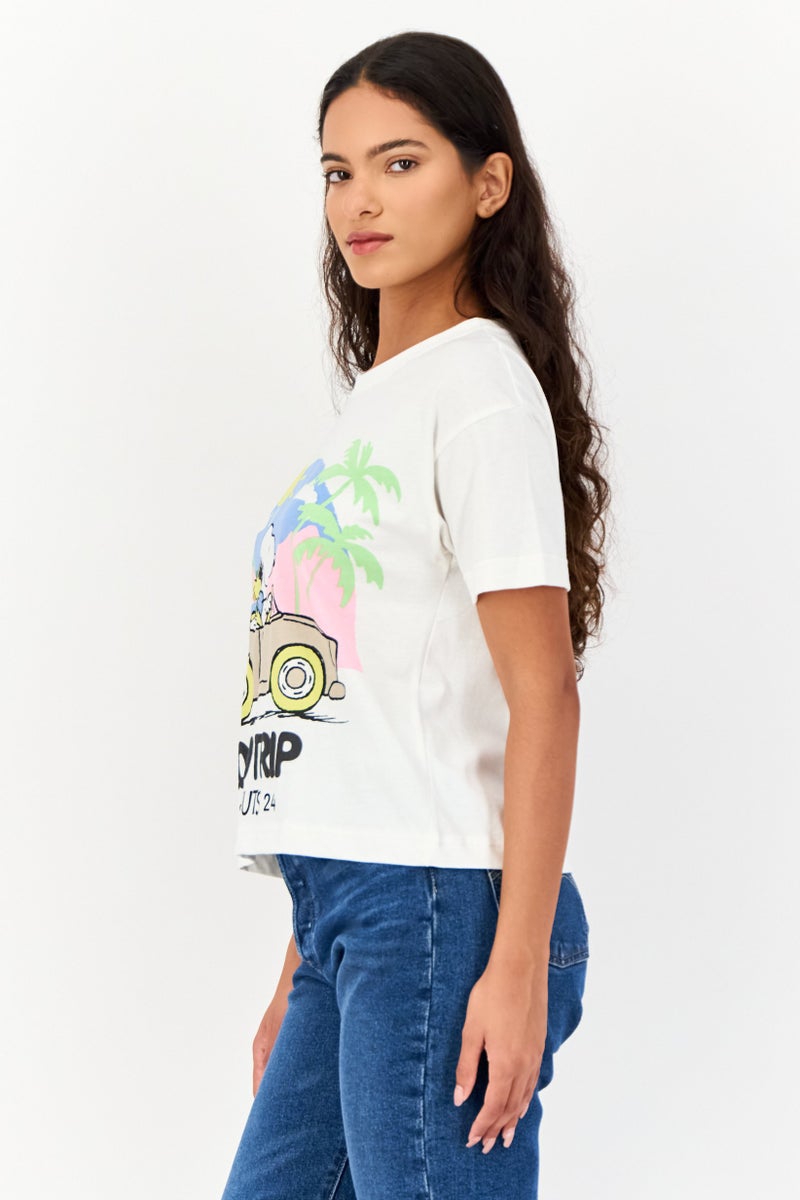 Peanuts تي شيرت قصير الأكمام بطباعة جرافيك للنساء بياقة دائرية، أبيض فاتح - Image 4