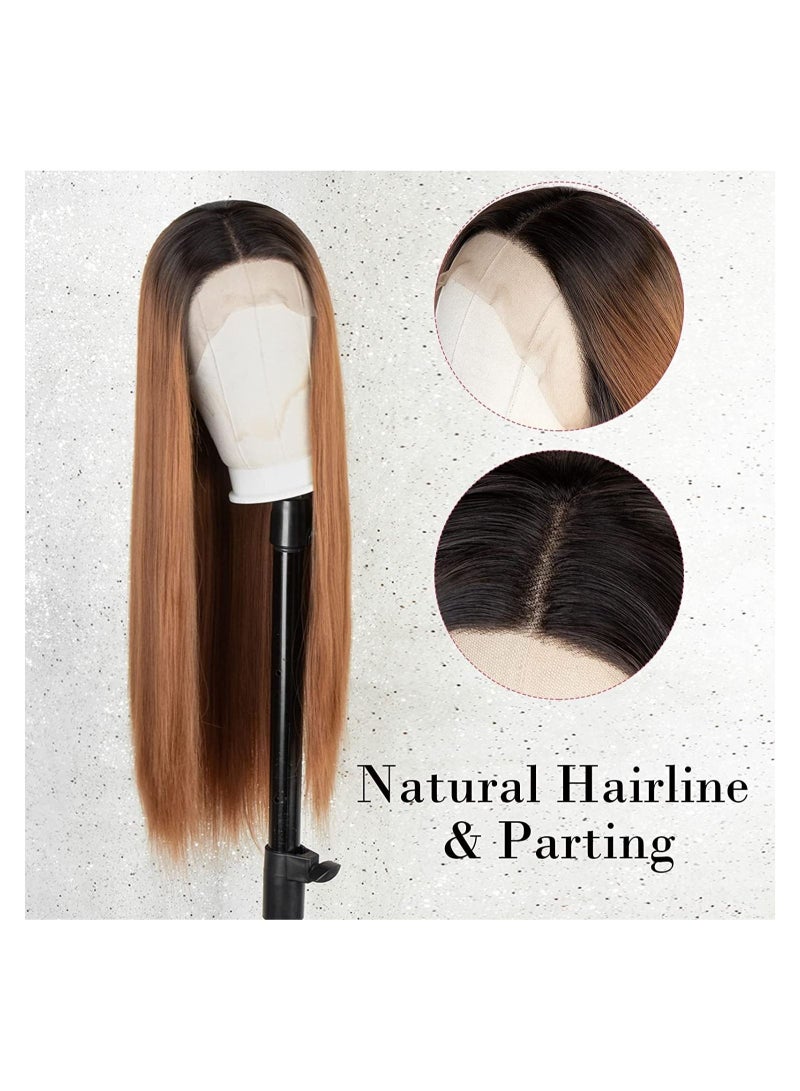 Estelle Lace Front Wig with Dark Roots Long Straight Synthetic Wigs for Women 22 inches Hair Replacement Wigs with Baby Hair Ombre Brown - Image 5