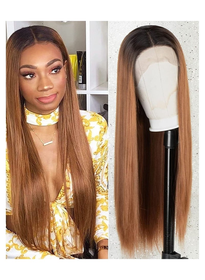 Estelle Lace Front Wig with Dark Roots Long Straight Synthetic Wigs for Women 22 inches Hair Replacement Wigs with Baby Hair Ombre Brown - Image 2