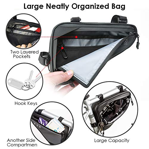 WOTOW Bike Frame Storage Bag, Water Resistant Reflective Bicycle Triangle Bag with Two Side Pockets, Strap-On Under Seat Tool Accessories Pouch for Mountain Road Bike Trip (2L) - Image 5