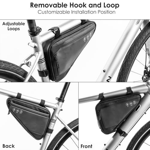 WOTOW Bike Frame Storage Bag, Water Resistant Reflective Bicycle Triangle Bag with Two Side Pockets, Strap-On Under Seat Tool Accessories Pouch for Mountain Road Bike Trip (2L) - Image 3