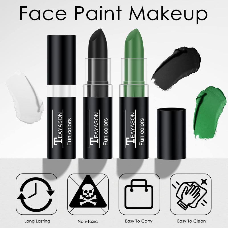 FREEORR 3 Colors White Black Green Face Body Paint Stick, Eye Black Lipstick Face Paint for Baseball/Football/Halloween/Costume Parties Accessories Vampire/Witch/Clown Makeup Face& Body Paint - Image 4