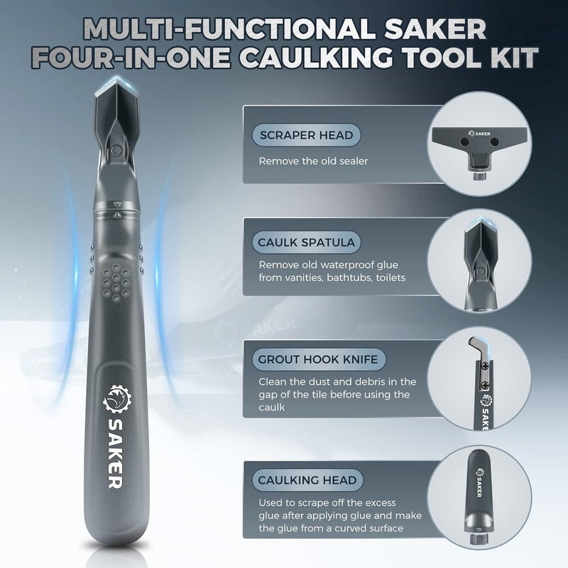 Saker Caulking Tool Kit-Aluminum 4 in 1 Sealant Finishing Tool Grout Remove Scraper Caulk Remover Glass Glue Angle Scraper for Bathroom,Kitchen,Floor,Window,Sink Joint,Frames Seal Silver - Image 2