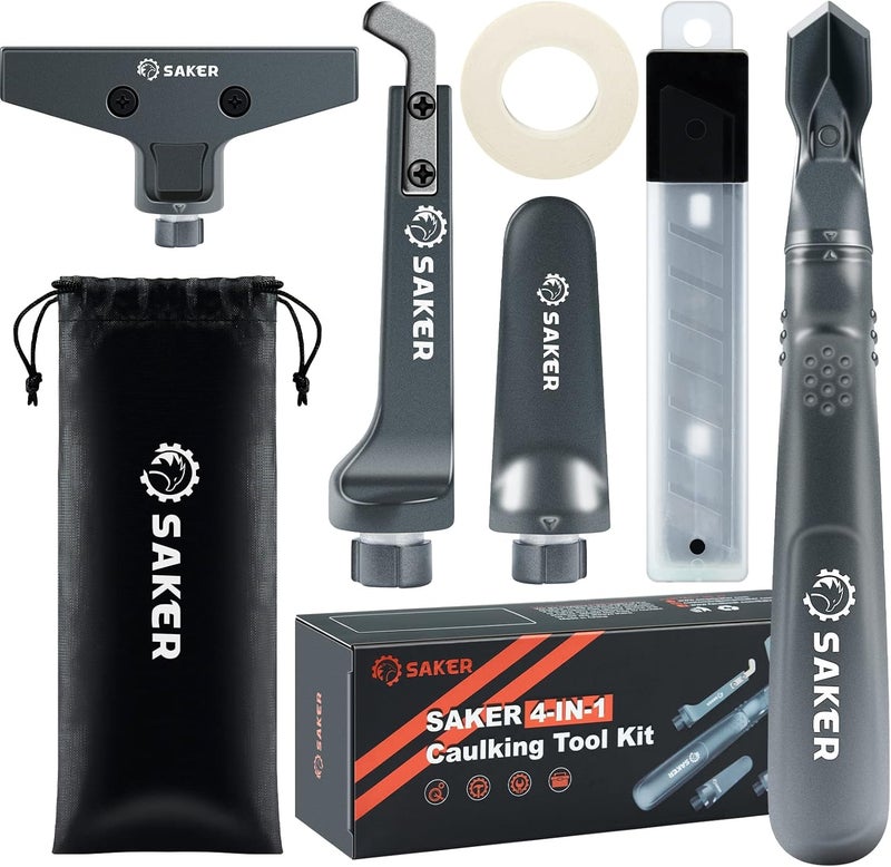 Saker Caulking Tool Kit-Aluminum 4 in 1 Sealant Finishing Tool Grout Remove Scraper Caulk Remover Glass Glue Angle Scraper for Bathroom,Kitchen,Floor,Window,Sink Joint,Frames Seal Silver - Image 1