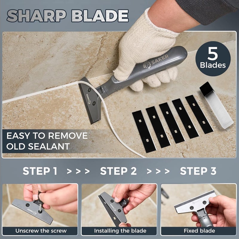Saker Caulking Tool Kit-Aluminum 4 in 1 Sealant Finishing Tool Grout Remove Scraper Caulk Remover Glass Glue Angle Scraper for Bathroom,Kitchen,Floor,Window,Sink Joint,Frames Seal Silver - Image 5