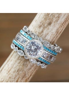 Wish Princess Round Flash Five-piece Set Fashionable Women Engagement Ring Wedding Band Sweet Fresh Style Geometric Design White Gold