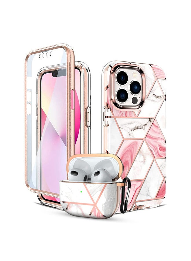 O Ozone - Marble Bundle for iPhone 14 Pro Max Case & Airpods Pro 2 Case/Airpods Pro 2nd Generation Case Full-Body Smooth Gloss Finish Marble Shockproof Bumper Stylish Cover for Women Girls (Pink) - Image 1