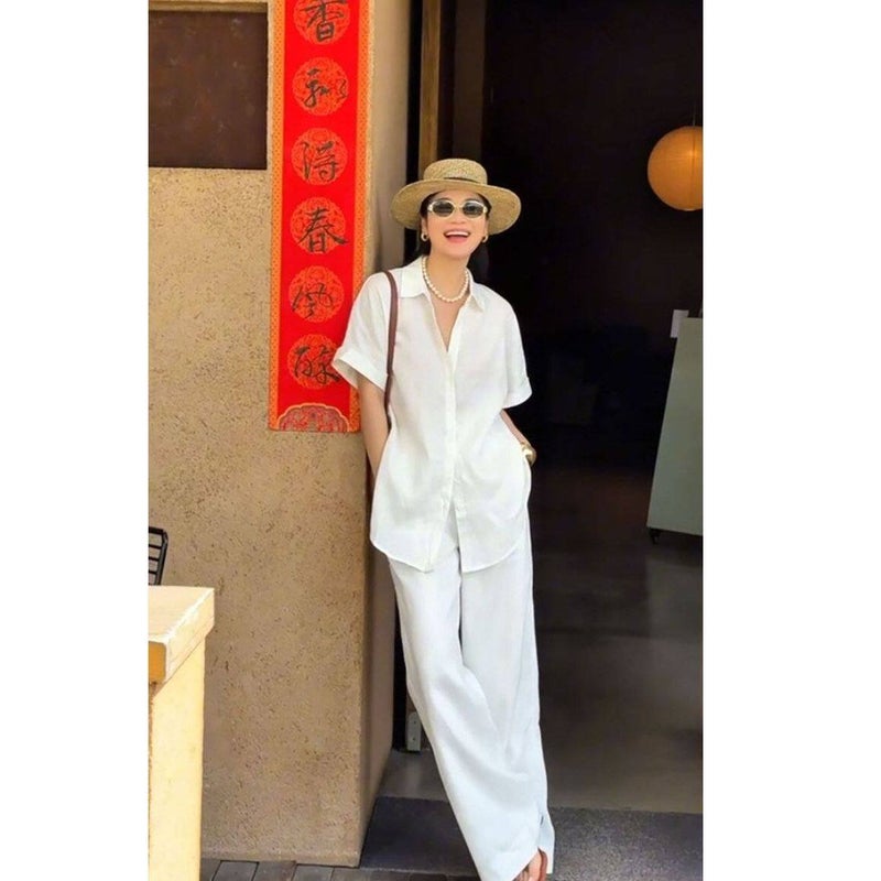 Women's White Suit Set - Short Sleeve Blouse & Wide Leg Pants - Image 4