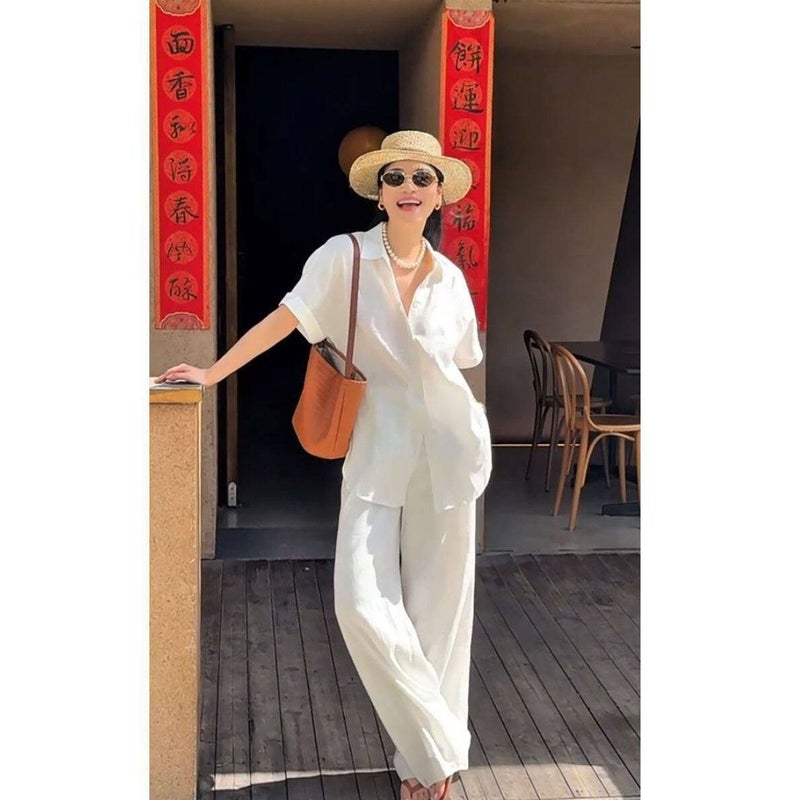 Women's White Suit Set - Short Sleeve Blouse & Wide Leg Pants - Image 2