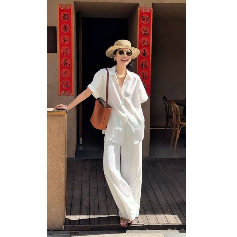 Women's White Suit Set - Short Sleeve Blouse & Wide Leg Pants - Image 1