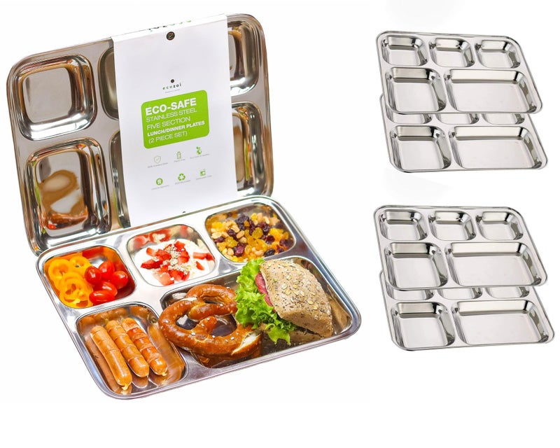 ecozoi Extra Large Premium Stainless Steel Dinner Plates 5 Compartments Set of 4  Eco Friendly Dinnerwear for Camping Portion Control Meal Prep Lunch and Party