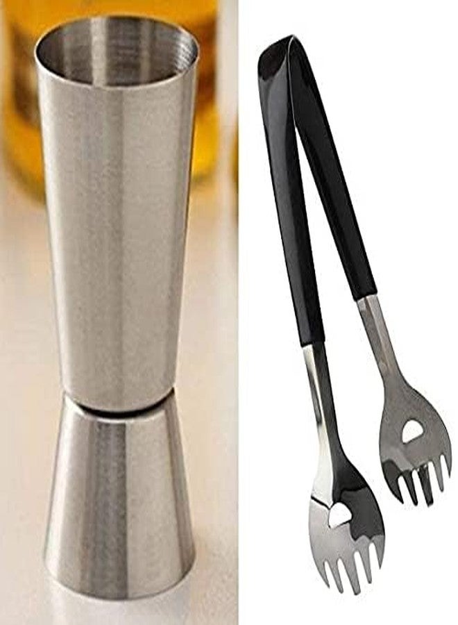 GAFFEL Combo of Stainless Steel Peg Measurer and Ice Tong | Double Sided Peg Measurer and Ice Picker Bar Accessories - Pack of 2 (30x60 ml) - Image 1
