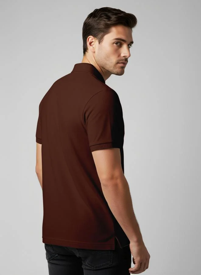 FERVORO Men Brown Cotton Polo with Pocket