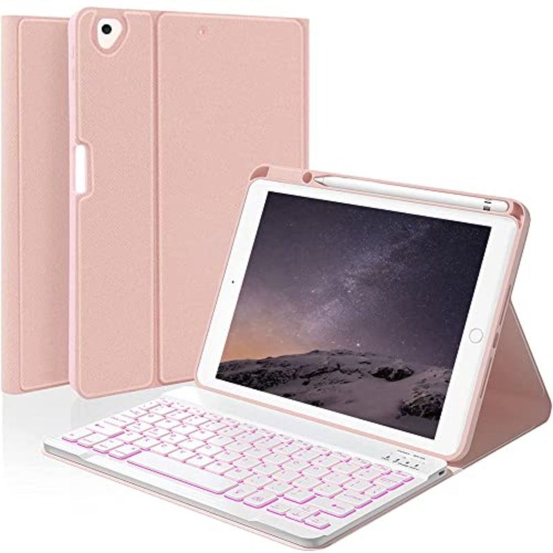 حافظة لوحة مفاتيح iPad لجهاز iPad 10.2 الجيل التاسع/الثامن/السابع وiPad Pro/Air 10.5، حامل قلم Apple مدمج، لوحة مفاتيح بلوتوث بإضاءة خلفية، خاصية النوم/الاستيقاظ التلقائي، ألومنيوم ذهبي وردي - Image 1