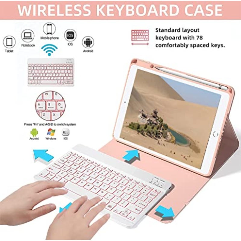 حافظة لوحة مفاتيح iPad لجهاز iPad 10.2 الجيل التاسع/الثامن/السابع وiPad Pro/Air 10.5، حامل قلم Apple مدمج، لوحة مفاتيح بلوتوث بإضاءة خلفية، خاصية النوم/الاستيقاظ التلقائي، ألومنيوم ذهبي وردي - Image 4