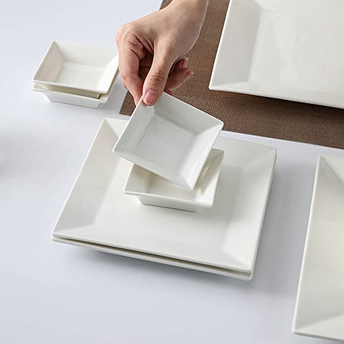 Porlien 16-Piece Classic Square Dinnerware Set for 4-Square Dinner Plates, Dessert Plates, Bowls & Dipping Saucers, Off White Dishes for 4 - Image 5