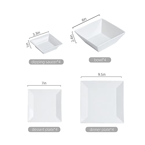 Porlien 16-Piece Classic Square Dinnerware Set for 4-Square Dinner Plates, Dessert Plates, Bowls & Dipping Saucers, Off White Dishes for 4 - Image 2