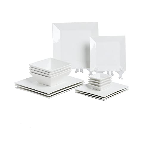 Porlien 16-Piece Classic Square Dinnerware Set for 4-Square Dinner Plates, Dessert Plates, Bowls & Dipping Saucers, Off White Dishes for 4 - Image 1