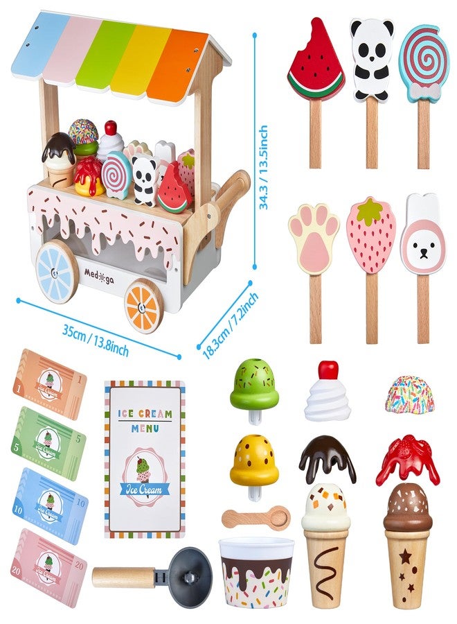 medoga Wooden Ice Cream Truck Toy Play Set with Ice Cream Toy Pretend Play Food Truck Play Kitchen Accessories with Ice Lolly & Shovel & Menu Wooden Toy Gift for 3 4 5 6 7 8 Year Old Girls Boys - Image 5