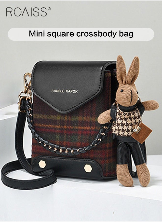 roaiss - Stitched Plaid Small Square Bag Women'S Fashion Versatile Crossbody Bag Pu Leather Plaid Woolen Spliced Adjustable Shoulder Strap Shoulder Bag - Image 1